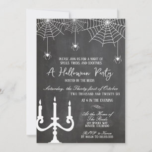 Invitation Fête Halloween avec araignées sur tableau noir bla