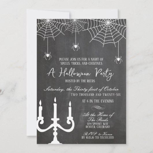 Invitation Fête Halloween avec araignées sur tableau noir bla (Devant)