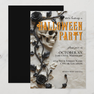 Invitation Fête Halloween Crâne 3D et Roses Noires