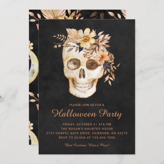 Invitation Fête Halloween Floral Rustique Crâne (Devant / Derrière)