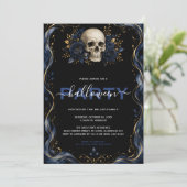 Invitation Fête Halloween gothique bleu or (Debout devant)