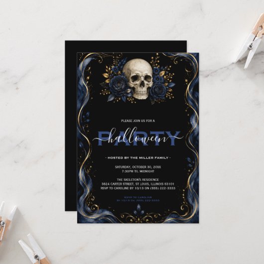 Invitation Fête Halloween gothique bleu or (Devant/Arrière en situation)