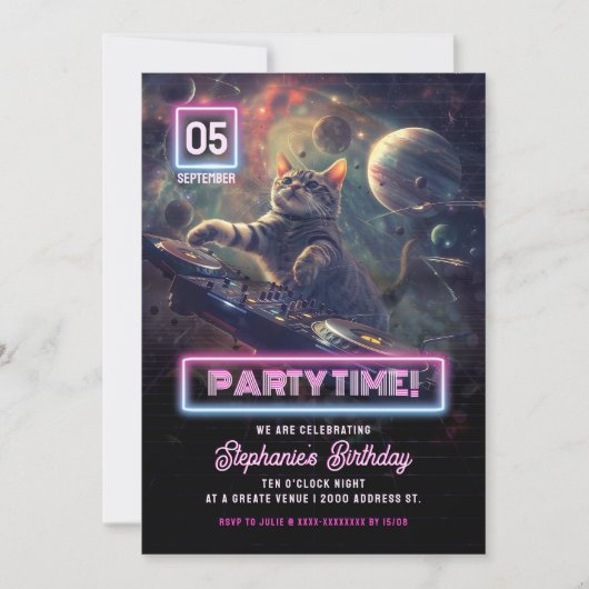 Invitation Fête Heure DJ Cat Dance Party (Devant)