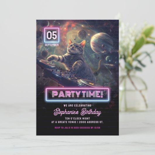 Invitation Fête Heure DJ Cat Dance Party (Debout devant)