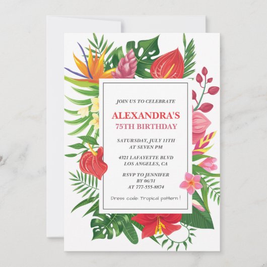 Invitation Fête Hibiscus à thème hawaïen 75e anniversaire (Devant)