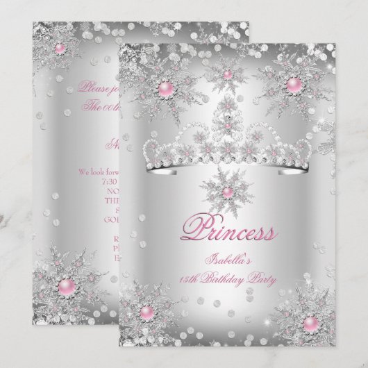 Invitation Fête hivernale argent et rose pâle de conte de fée (Devant / Derrière)