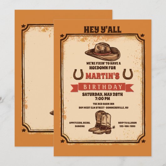 Invitation Fête Hoedown (Devant / Derrière)