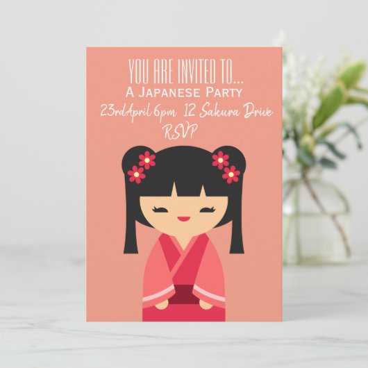 Invitation Fête japonaise à thème rose mignon (Debout devant)