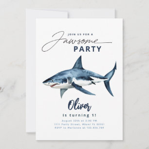 Invitation Fête Jawsome Aquarelle Requin Bleu Minimaliste