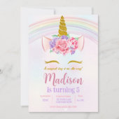 Invitation Fête Licorne Arc-en-ciel Fleur Or Rose Violet (Devant)