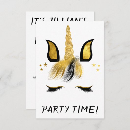 Invitation Fête Licorne Visage Doré (Devant / Derrière)