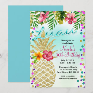 Invitation Fête Luau Gold Pineapple & Feuilles Tropicales