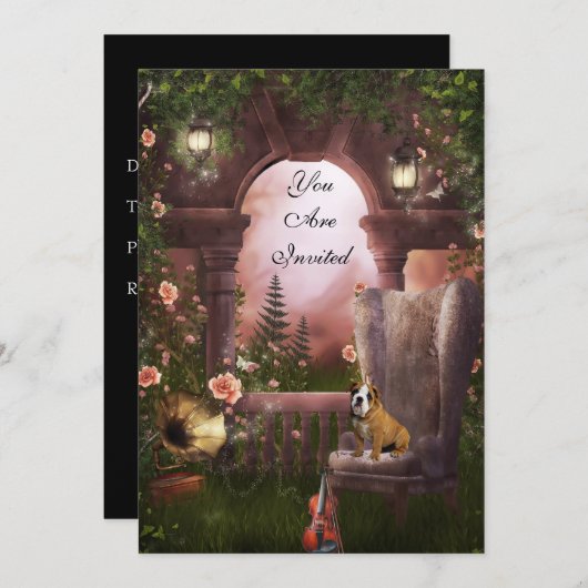 Invitation Fête Lune Violon Chien Gramaphone (Devant / Derrière)