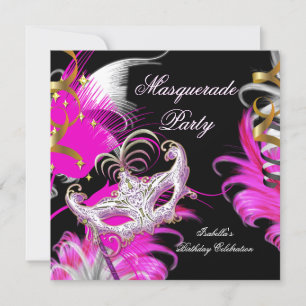 Invitation Fête Mascarade Anniversaire Hot Rose Mask Plumes
