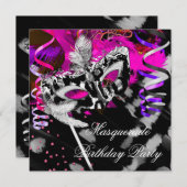 Invitation Fête Mascarade Anniversaire Noir Argent Rose (Devant / Derrière)