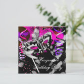 Invitation Fête Mascarade Anniversaire Noir Argent Rose (Debout devant)