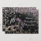 Invitation Fête Mascarade de costume noir & rose violet (Devant / Derrière)