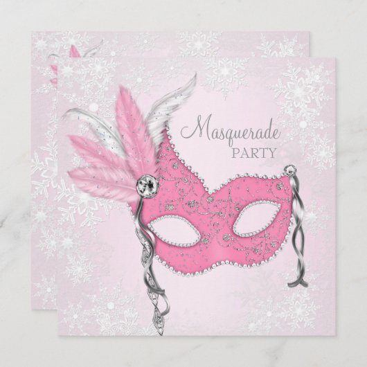 Invitation Fête Mascarade de Fléau de neige rose (Devant / Derrière)