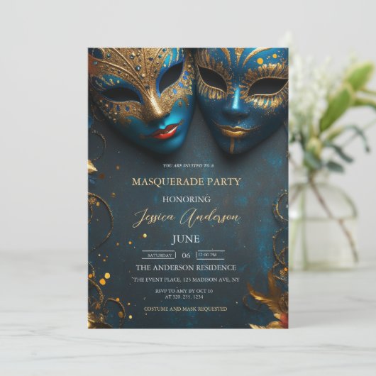 Invitation Fête Mascarade Mascarade Masque bleu Anniversaire (Debout devant)