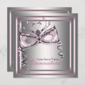 Invitation Fête Mascarade noire rose argent (Devant / Derrière)