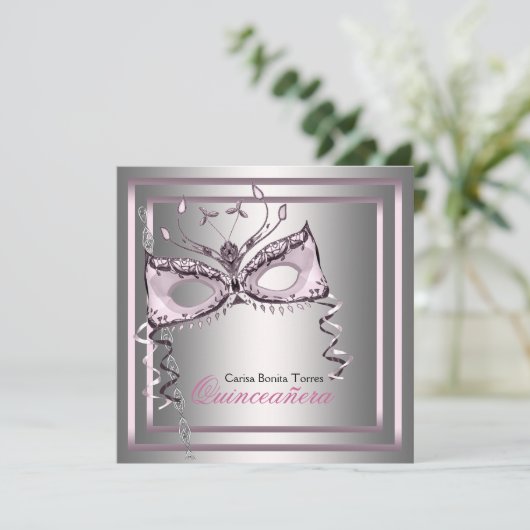 Invitation Fête Mascarade noire rose argent (Debout devant)