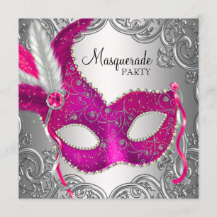 Invitation Fête mascarade rose et argent chaud