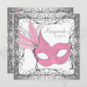 Invitation Fête mascarade rose et gris (Devant / Derrière)