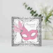 Invitation Fête mascarade rose et gris (Debout devant)