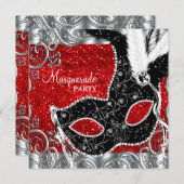 Invitation Fête Mascarade rouge et noir argent et masque (Devant / Derrière)