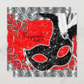 Invitation Fête Mascarade rouge et noir argent et masque (Devant / Derrière)