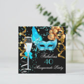 Invitation Fête Mascarade Turquoise Or Noir Fabuleuse (Debout devant)