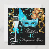 Invitation Fête Mascarade Turquoise Or Noir Fabuleuse (Devant)