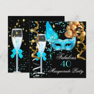 Invitation Fête Mascarade Turquoise Or Noir Fabuleuse