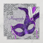 Invitation Fête Mascarade violet et rose argent (Devant / Derrière)