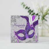 Invitation Fête Mascarade violet et rose argent (Debout devant)