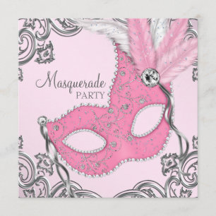 Invitation Fête Masquée Élégante Argent et Rose