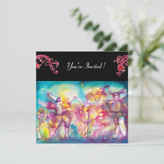 Invitation FÊTE MASQUÉE, fioritures rouges (Debout devant)