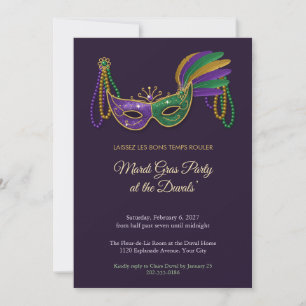 Invitation Fête masquée Mardi Gras au masque emplumé