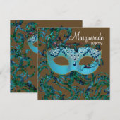 Invitation Fête masquée marron et bleu sarcelle (Devant / Derrière)
