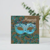 Invitation Fête masquée marron et bleu sarcelle (Debout devant)