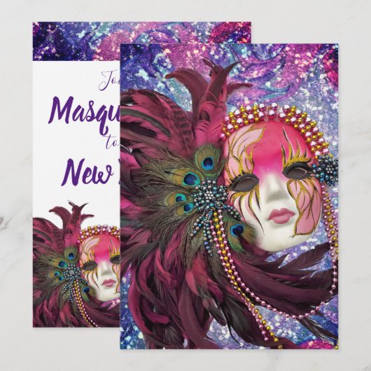 Invitation Fête masquée - Nouvel An - Quinceanera (Devant / Derrière)