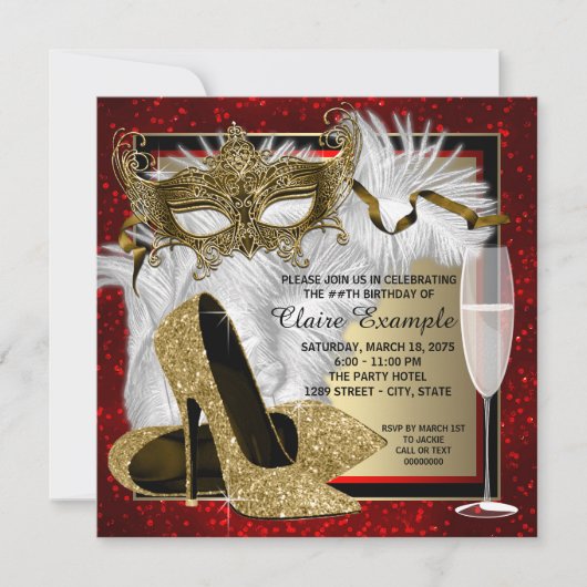 Invitation Fête Masquée Rouge et Or pour Femme (Devant)