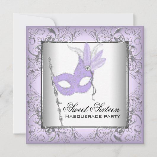 Invitation Fête Masquée Sweet 16 Argent Violet (Devant)