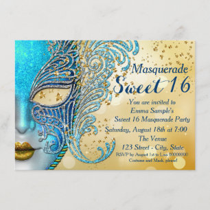 Invitation Fête Masquée Sweet 16 Bleu Turquoise et Or