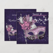 Invitation Fête masquée Sweet 16 Rose Violet (Devant / Derrière)