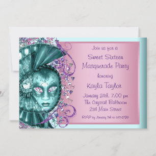 Invitation Fête masquée Sweet Sixteen Bleu sarcelle rose