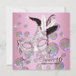 Invitation Fête masquée Sweet Sixteen Bulles Roses