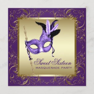 Invitation Fête masquée Sweet Sixteen or et violet