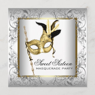 Invitation Fête Masquée Sweet Sixteen Or Noir Blanc