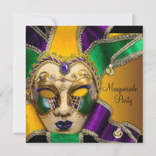 Invitation Fête masquée verte, violette et dorée (Devant)